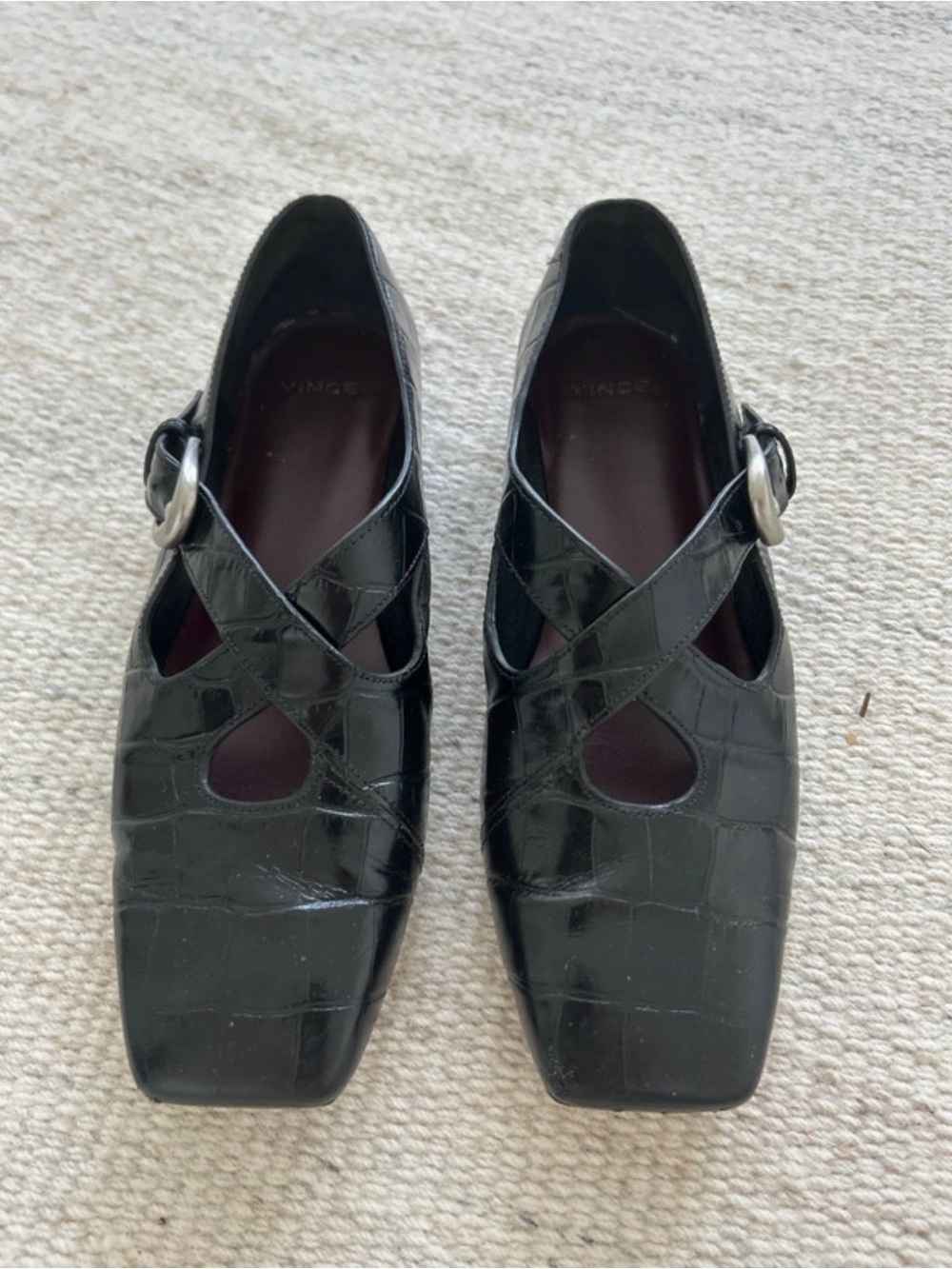 Vince Black Croc-Embossed Square-Toe Mary Jane Flats with Silver Buckles